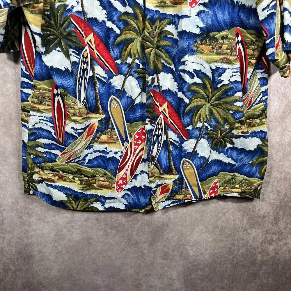 Hilo Hattie Hawaiian Camp Shirt Men XL Blue Surf Board Print Beach Summer Resort